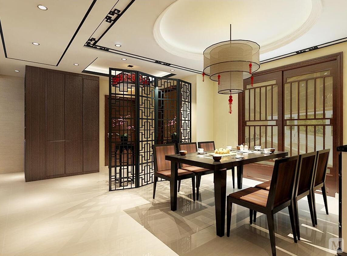 中国风的构成主要体现在传统红木家具圈椅的点缀，以及中式屏风花格。装饰品及黑、白为主的装饰色彩上。室内多采用对称式的布局方式，格调高雅，造型简朴优美，色彩浓重而成熟。