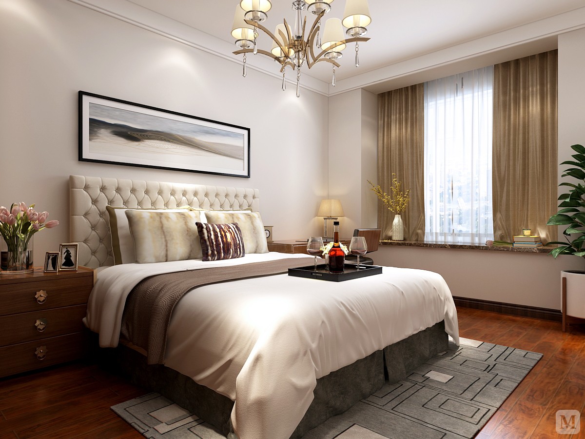 卧室是平时业主夫妻休息的地方所以整体色调上面采用偏暖色系.墙面采用骆驼白的调色.