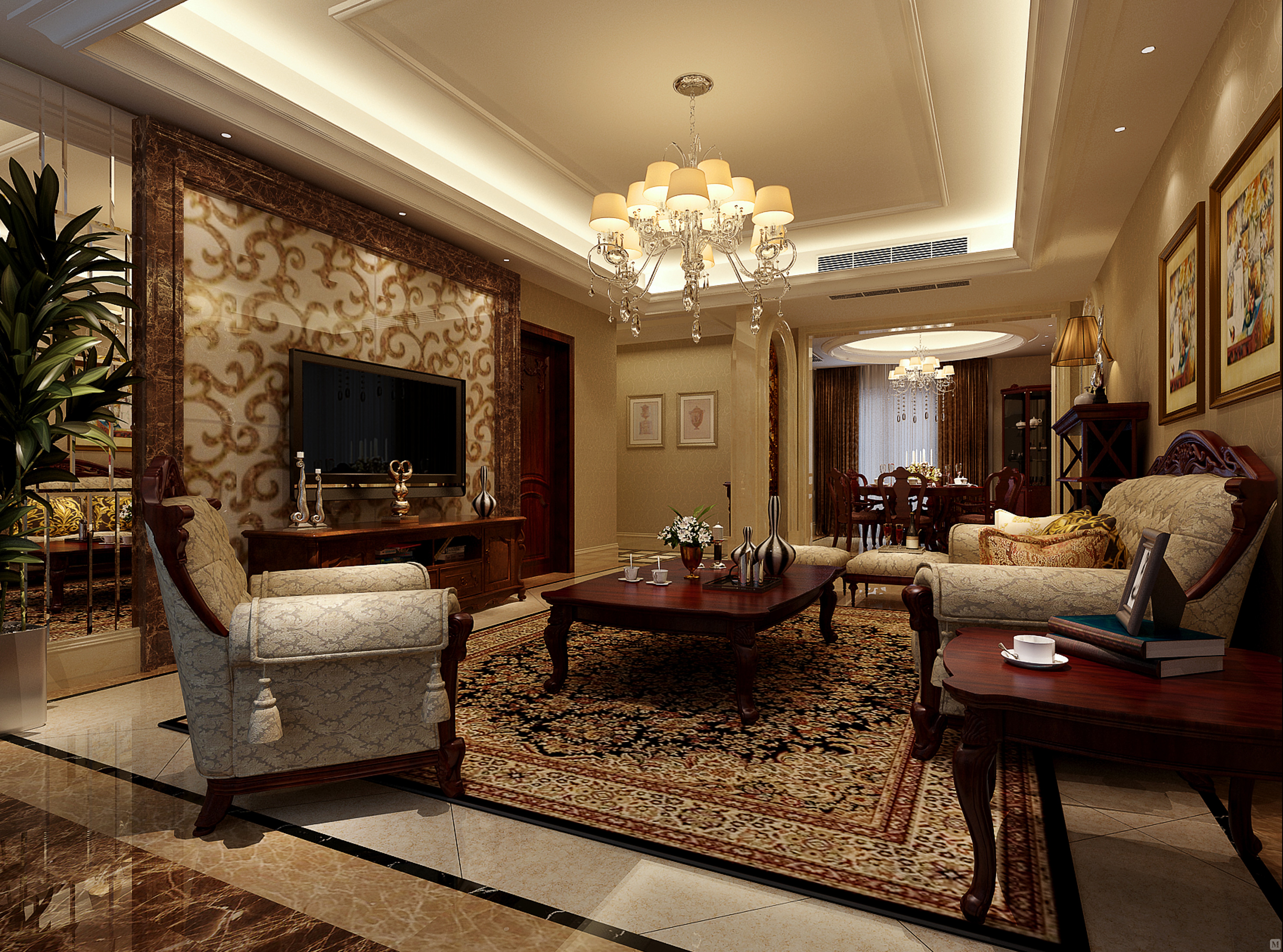 案中强调线形流动的变化,将室内雕刻工艺集中在装饰和陈设艺术上,色彩