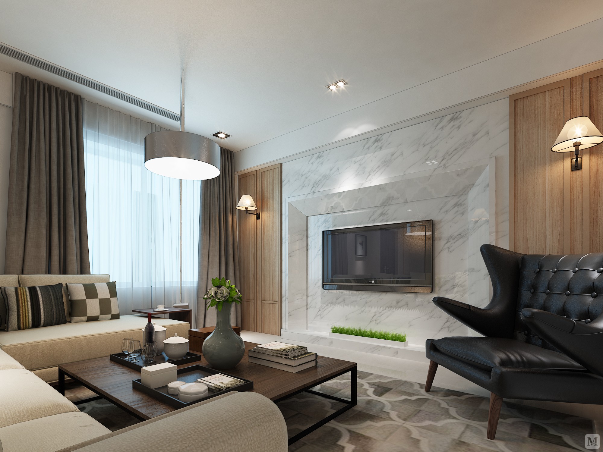 配合屋者的风水要求,设计师利用下降式天花,让客厅视觉与主梁齐平