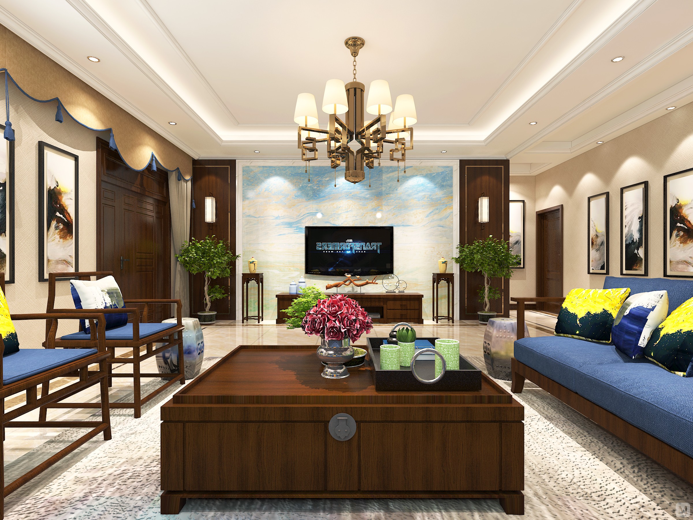 6万158㎡中式三房装修自建房新中式风格-红星美凯龙家装效果图