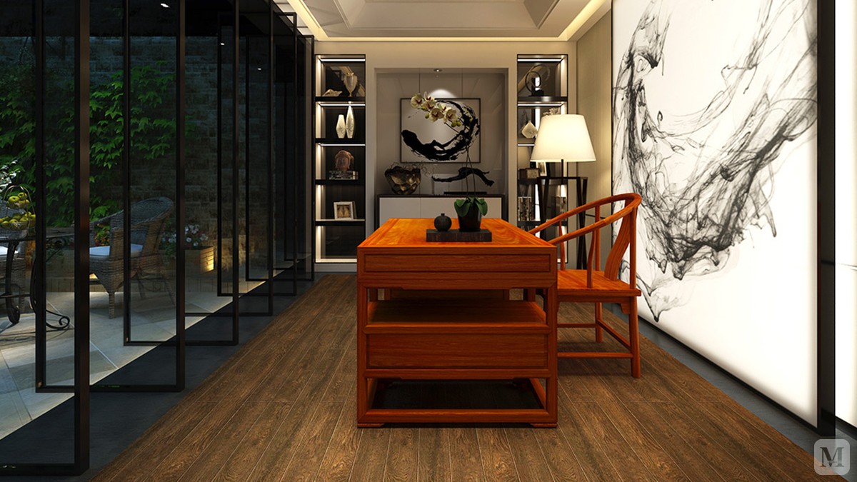 设计采取新中式风格,将中国传统水墨画,山水花鸟画融入到设计中,配以