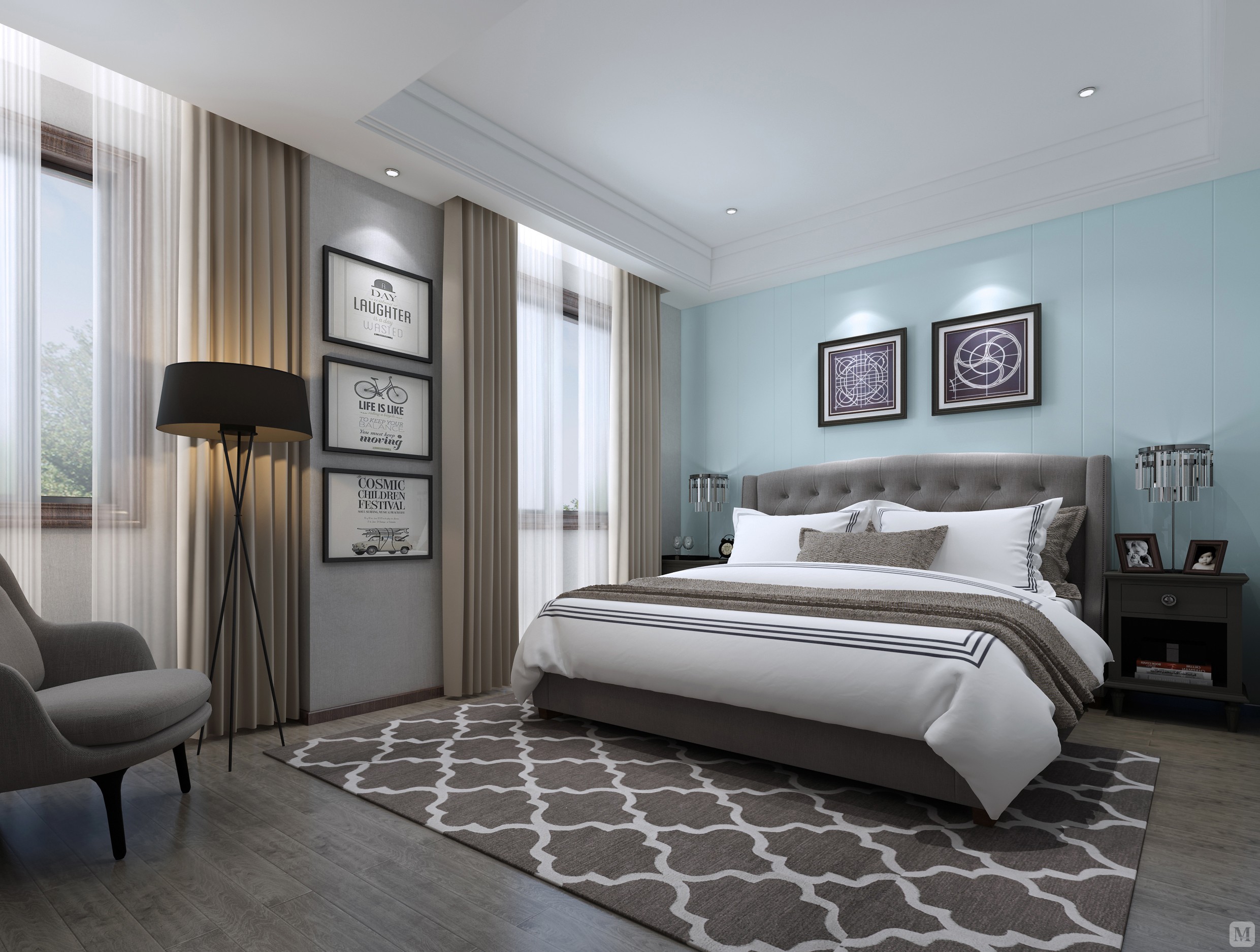 淡蓝色的床头背景墙充满活力,在两副挂画的碾压下又不是特别突兀.