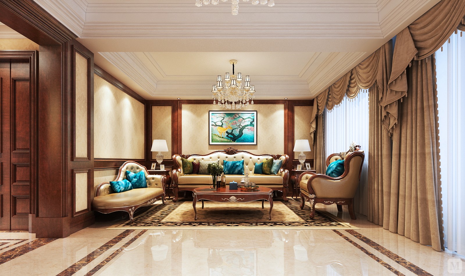 3万173㎡新古典复式装修精美实木家装起居