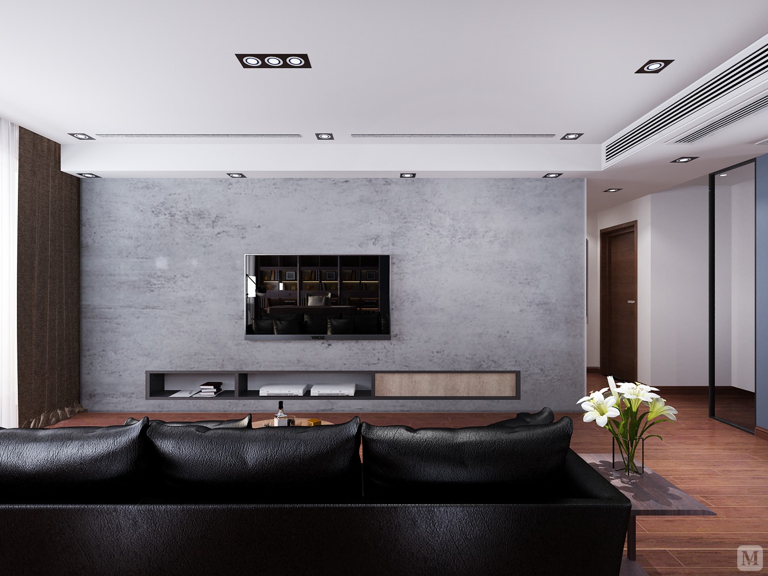 电视与电视柜嵌入电视背景墙墙体内，黑色的柜体配合大面积的灰色墙体，简洁时尚。这样背景墙再配上一个设计简单的黑色皮质宽位沙发，低调的贵气感体现居者不俗的生活品位。