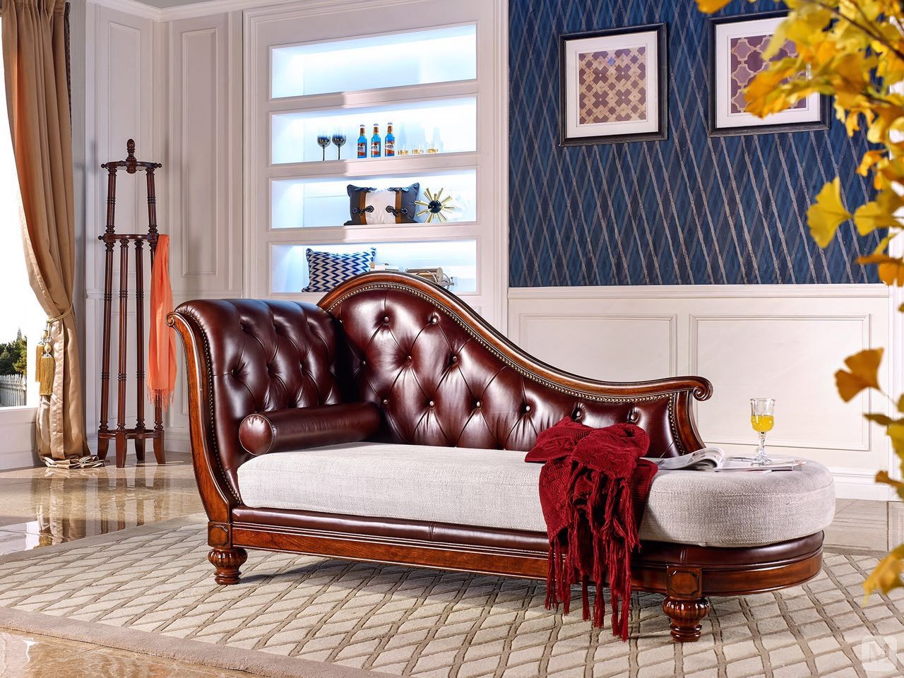 超凡 贵妃榻 美式实木皮贵妃榻