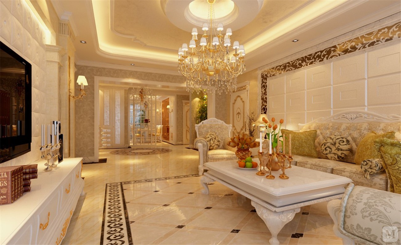 欧式客厅顶部喜用大型灯池,并用华丽的枝形吊灯营造气氛.