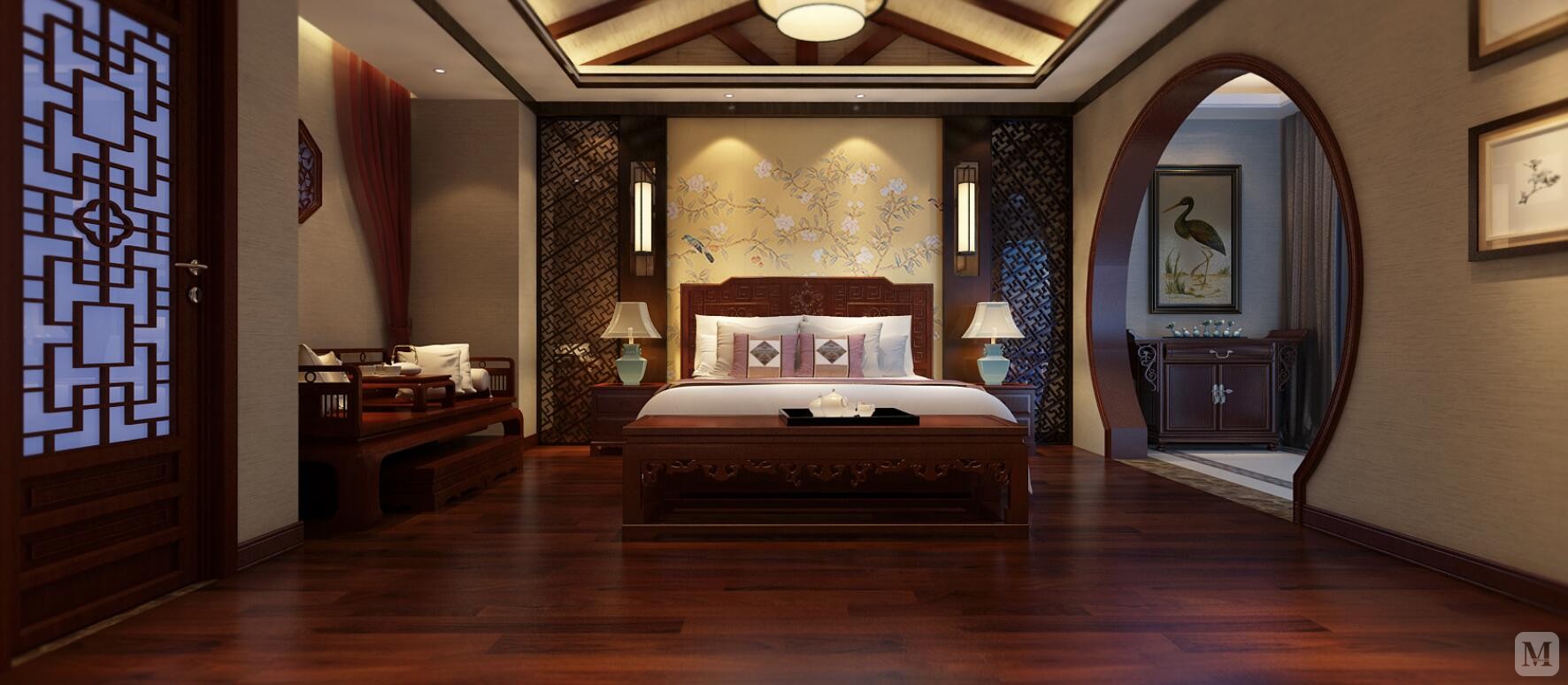 中式卧室窗帘装修效果图