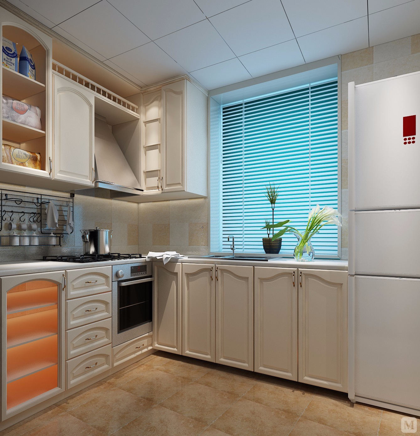 厨房软装搭配也不少，活泼可爱的白板和搁架装饰不忘营造出小资氛围，木柜点缀的橘红色，与白色的柜体相衬显得干净又生动。