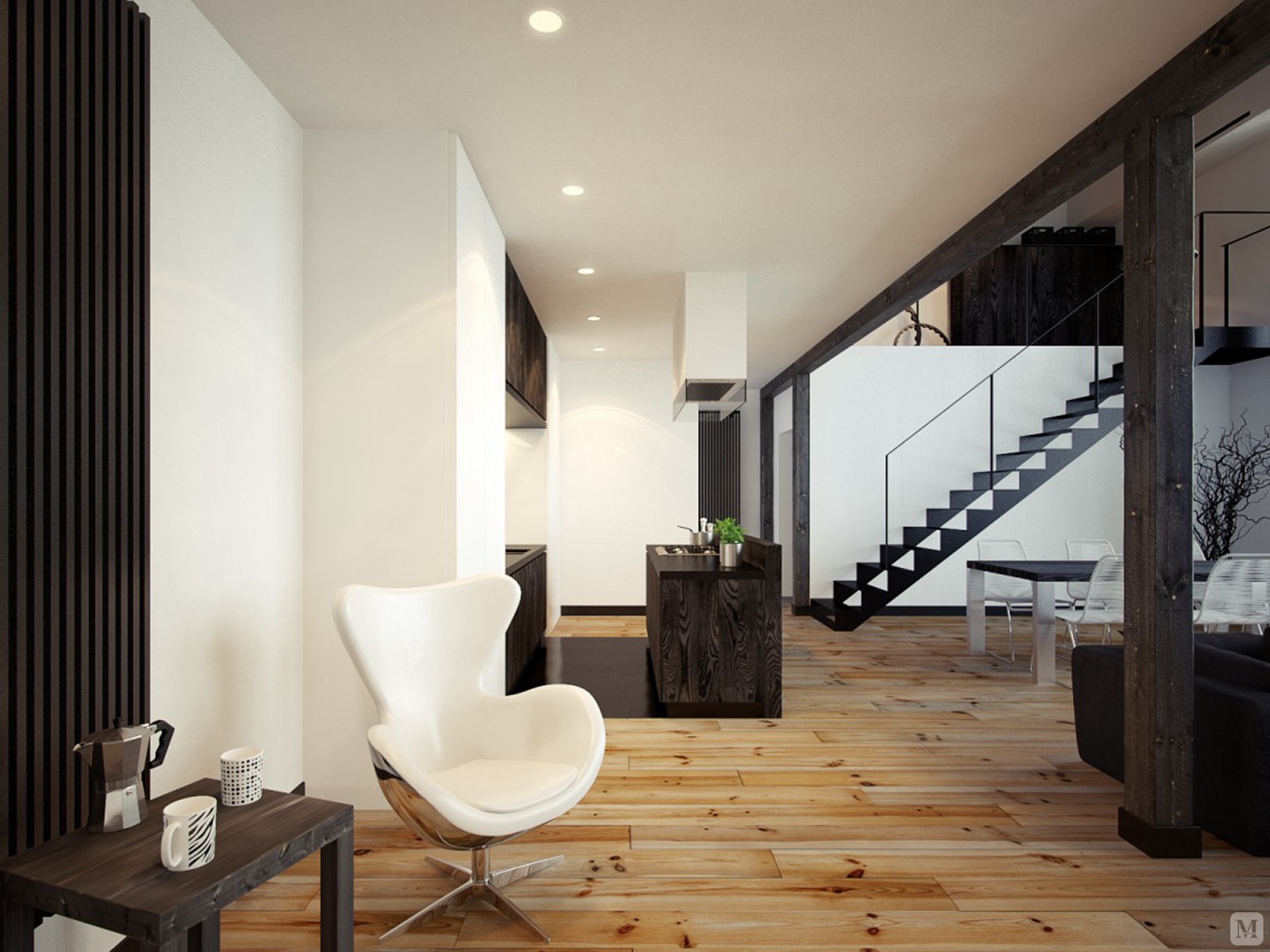 跃层式现代简约风格别墅客厅 跃层式现代简约风格别墅 客厅:以花旗黑以及白色为主的客厅设计,简约大气的装修,更加有空间感。