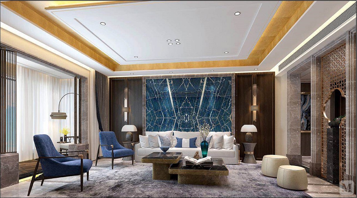 333平但仅设置四室的大平层，每个空间都足够宽敞。在整个布局设计中不论是客厅的沙发对摆放，还是主卧的大套间的设计手法，把影音室融入了主卧，都体现了业主的高生活品质。整个风格定位为新中式，但通过蓝色，金色等高贵的颜色和简单明快的硬装造型都阐述了具有国际感并蕴含中国文化的室内空间风格。