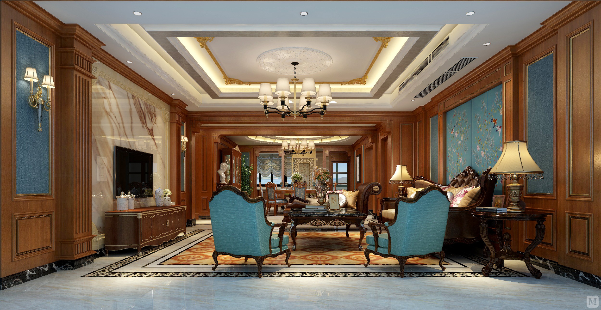 将室内雕刻工艺集中在装饰和陈设艺术上,色彩华丽且用暖色调加以协调