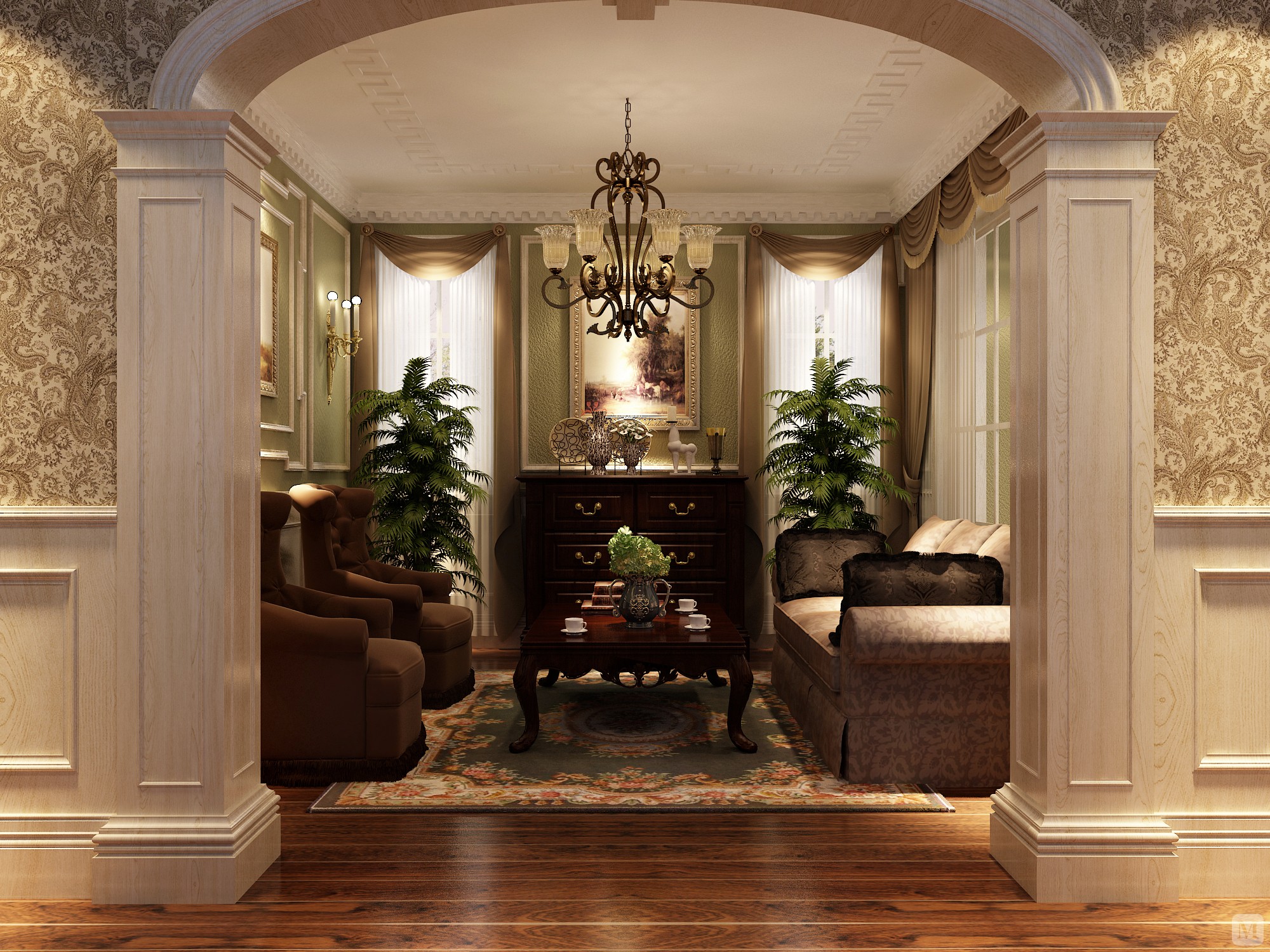 整体风格为欧式宫廷风格,客厅的大部分处在挑空结构之下,大面积的玻璃