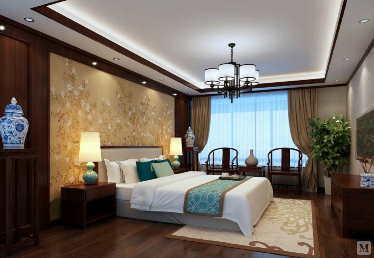 顶面为直线灯池跌级吊顶,用木线加以修饰,地面铺米黄色大理石地砖