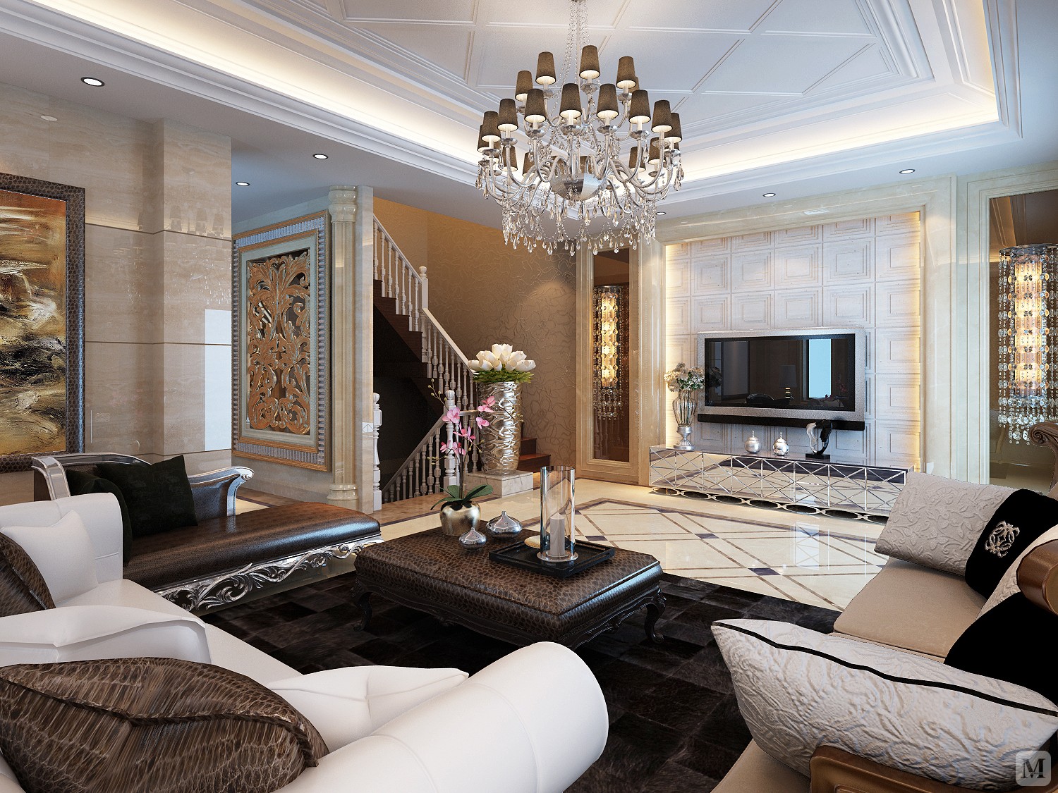 客厅的设计整体给人优雅,稳重的感觉,将欧式新古典别墅装修设计理念