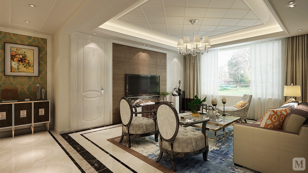 客厅的白色墙面发出的是淡雅清新的现代简欧味道,时尚的米白色调沙发