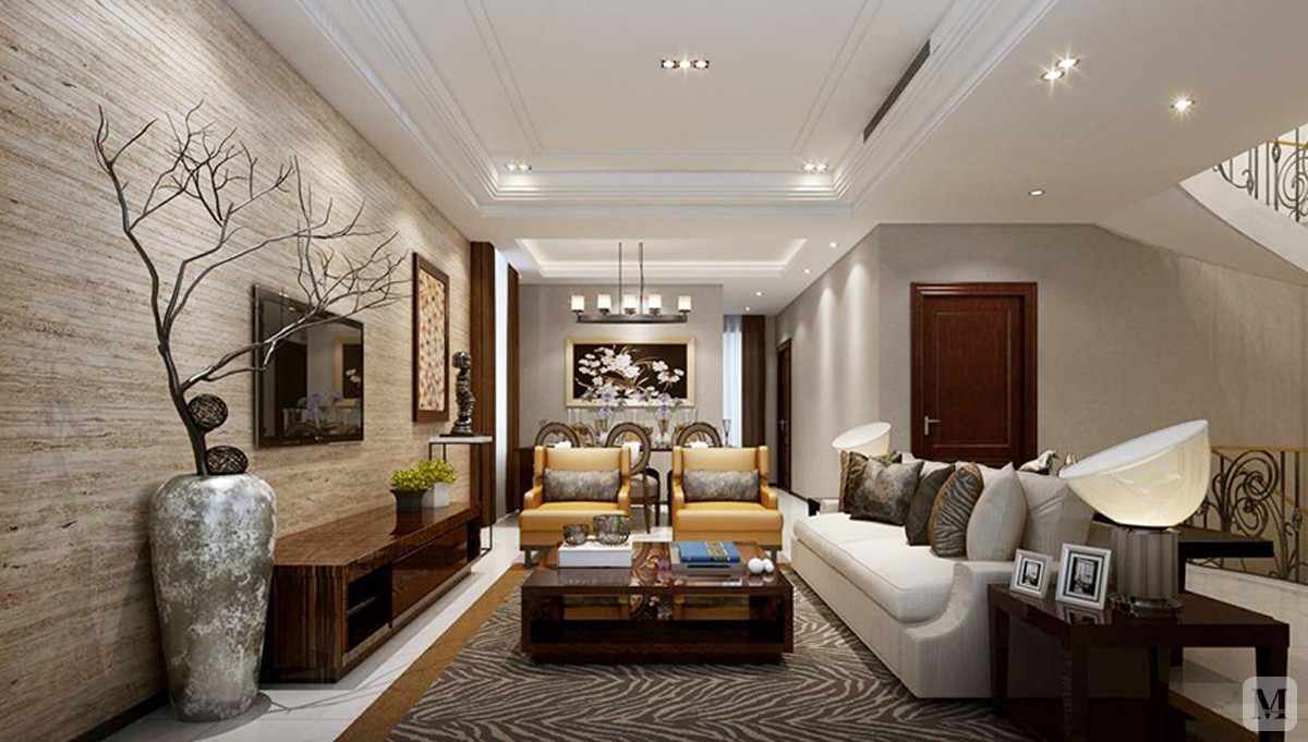 客厅设计体现奢华感的同时，又让传统的装饰元素更加的简单质朴，给空间以新的注解，用每一个简练的元素诠释着新装饰主义的低调与美感。