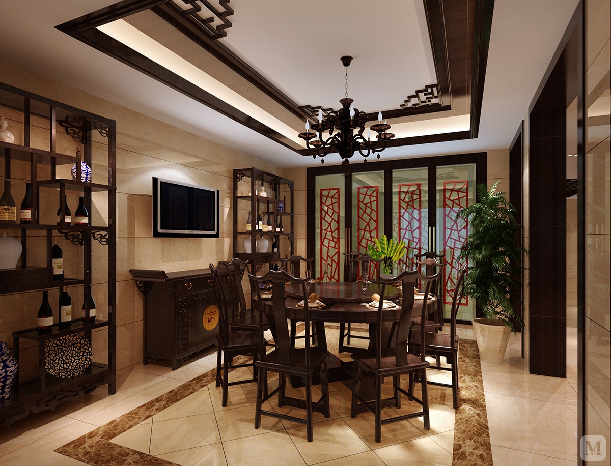 本案是典型的新中式设计风格装修效果图,房屋主人寻求一种沉稳,舒适