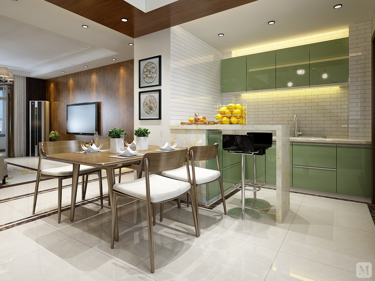 餐厅
装饰要素：绿植、版画+线条简洁的家具。

●绿植在现代风格家具中不可或缺，能给人带来前卫、不受拘束的感觉。由于线条简单、装饰元素少，现代风格家具需要完美的软装配合，才能显示出美感。