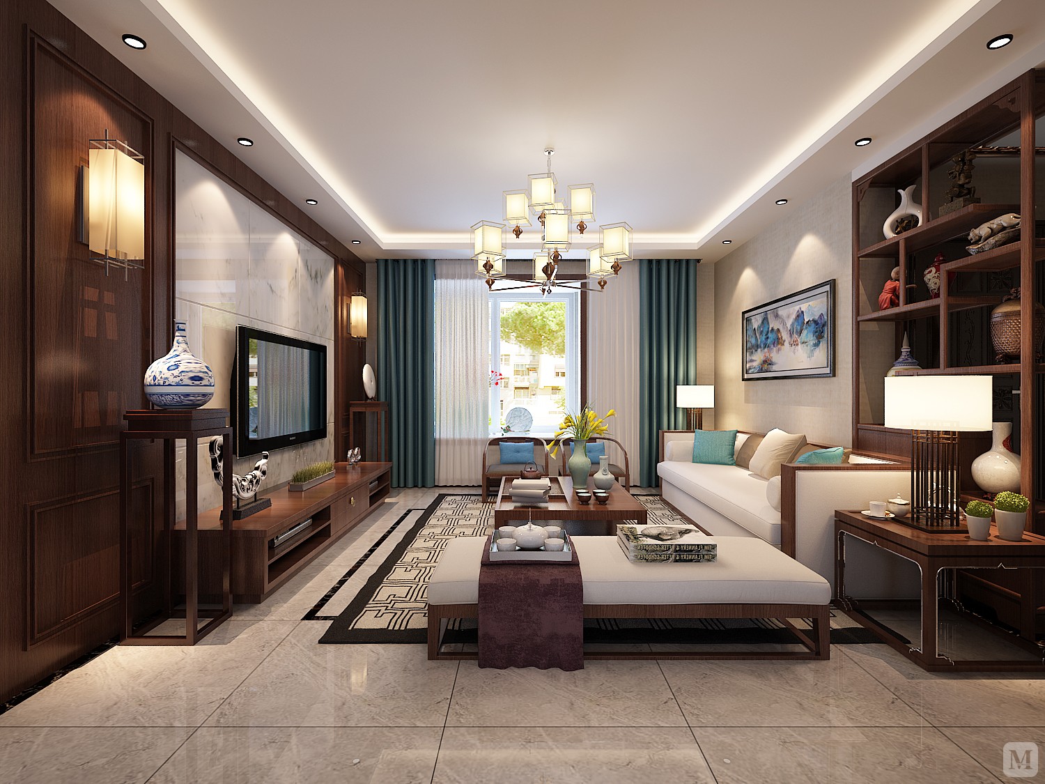 中式风格的家具多以深色为主,墙面色彩搭配:一是以苏州园林和京城民宅