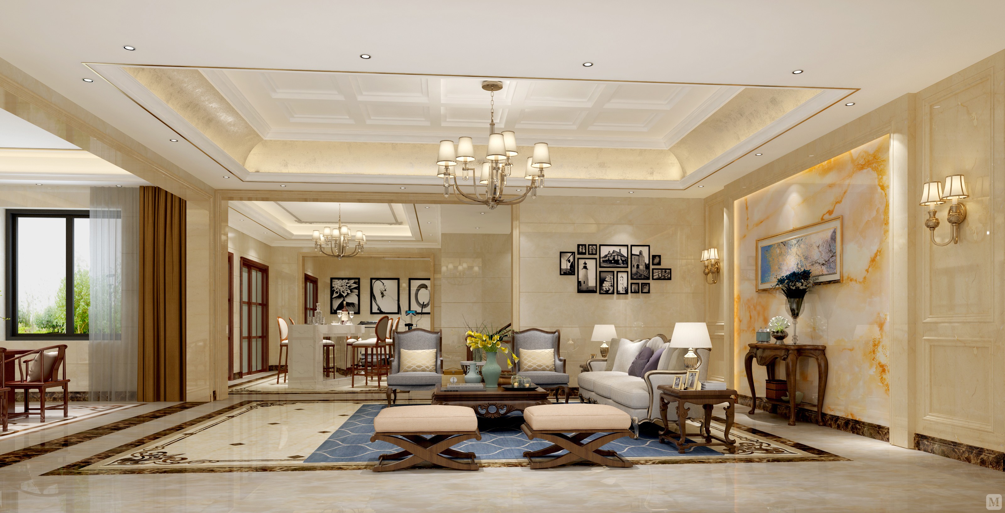 客厅以欧式大气的格局和简洁硬朗的线条来营造豪华的氛围感,彰显出