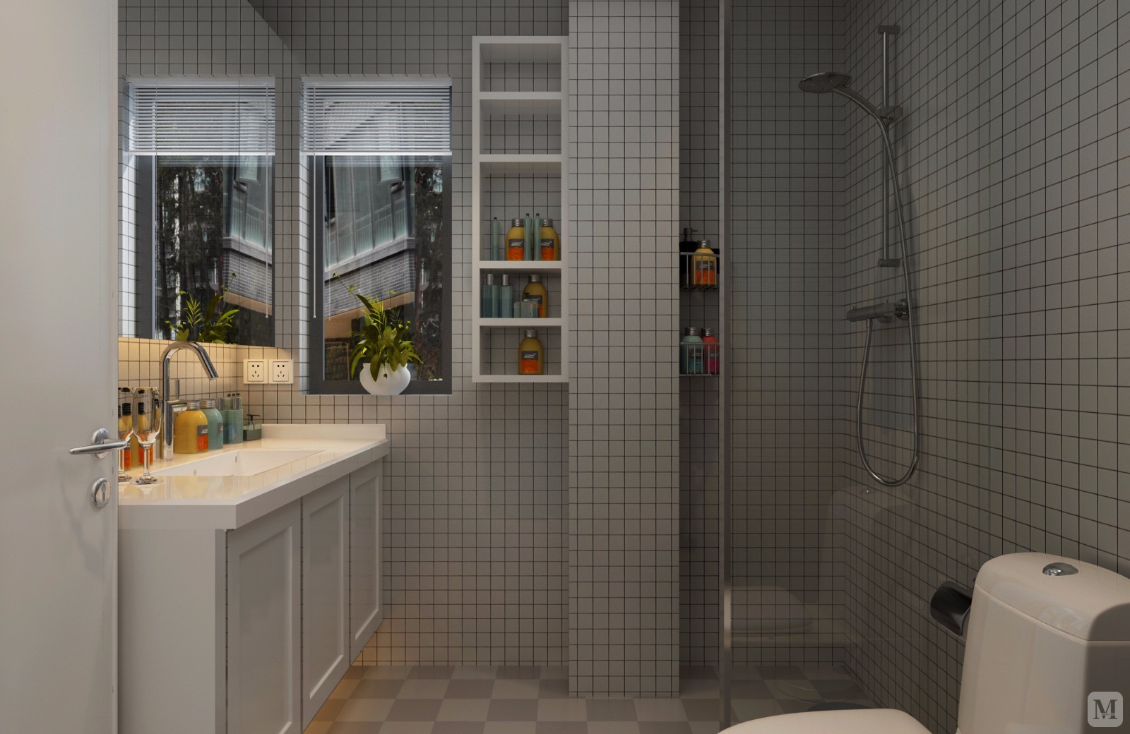 简洁的卫生间，用透明玻璃隔开淋浴和马桶，加强了光线的通透度，也避免淋浴时时洁具变得湿漉漉的。
