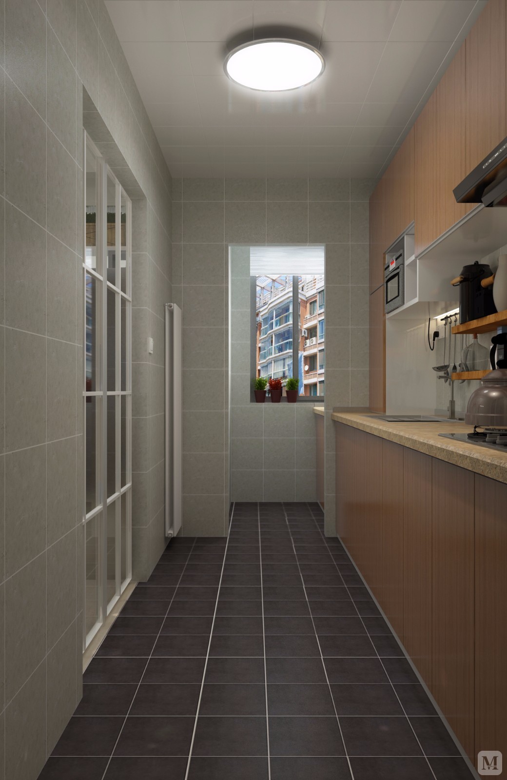 厨房简单明了，色调简洁大方。厨房与阳台相通，增大空间感，增强光线通透度。