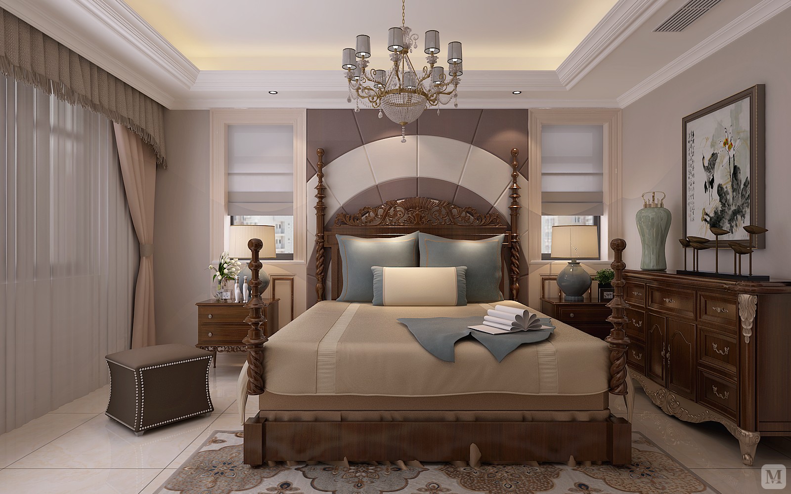 卧室简洁明了体现美式感觉，主要靠软装体现效果