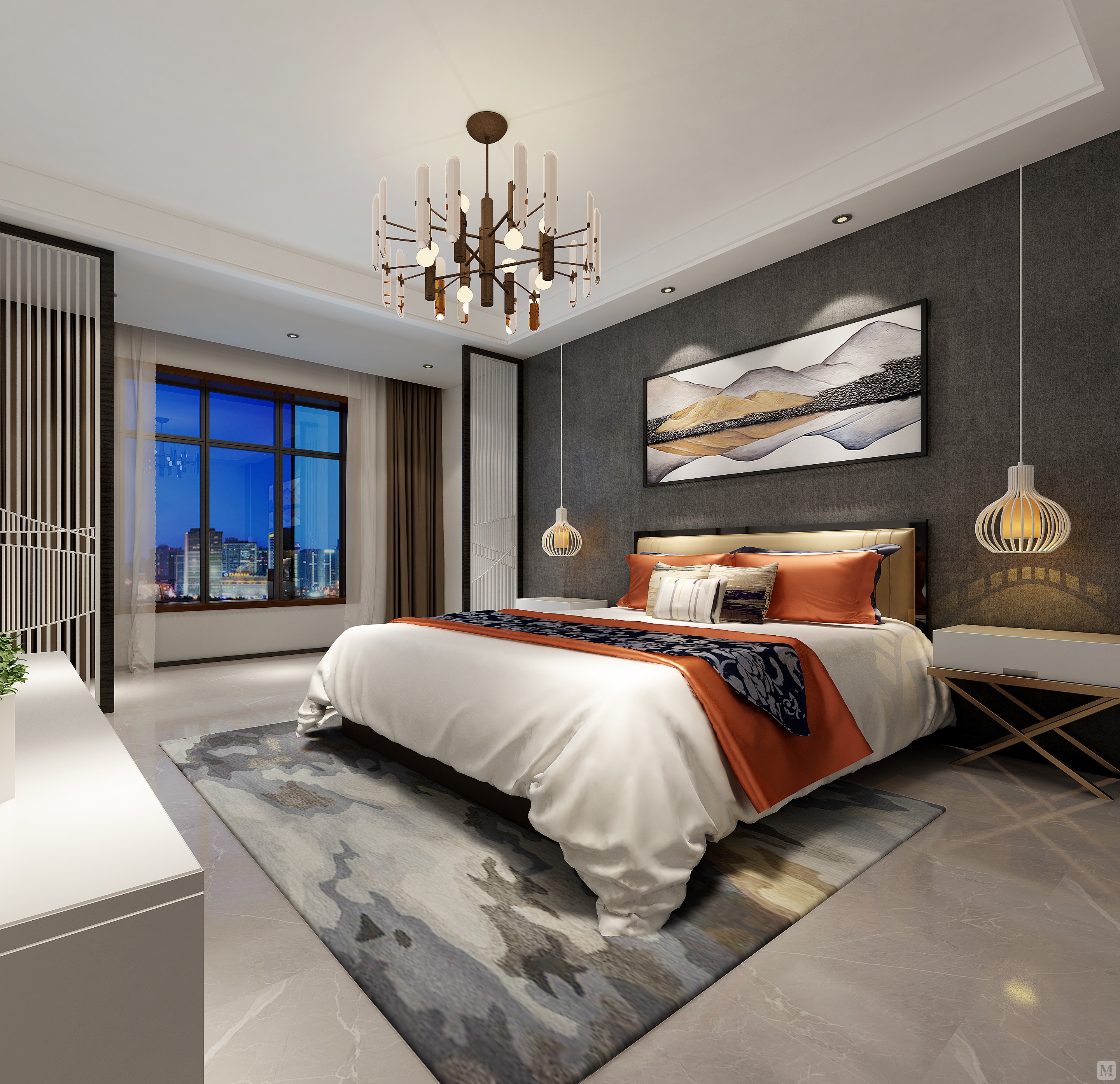 主人房色调淡雅,简约大气的家具线条在柔和灯光的衬托下,勾勒出时尚