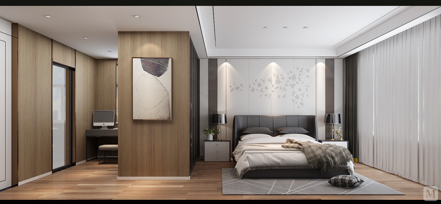 卧室设计以舒适为主，整体空间是简洁、无负担的