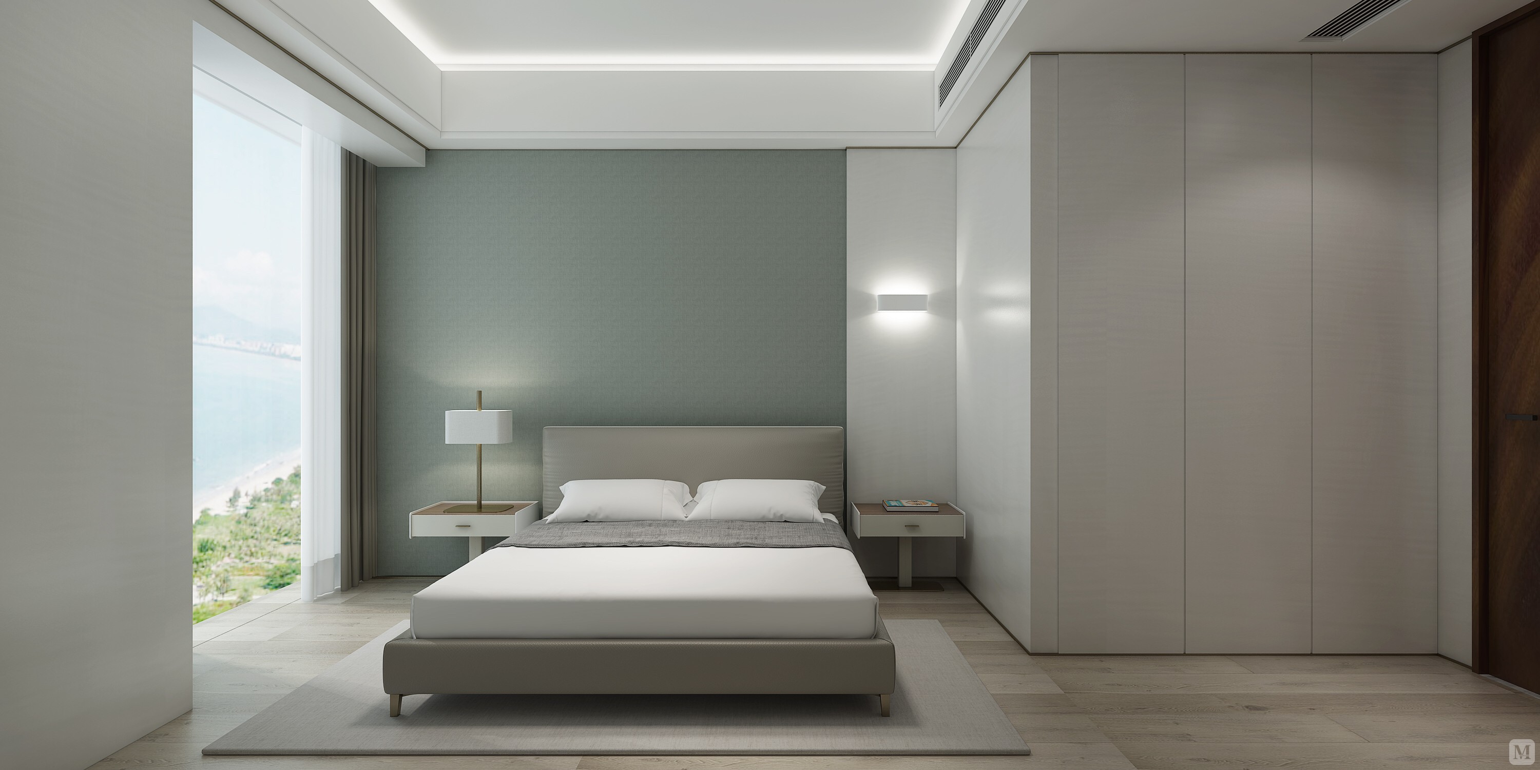 主卧阳光透过落地窗洒进卧室,一草一木在光影抚照下更见清雅.