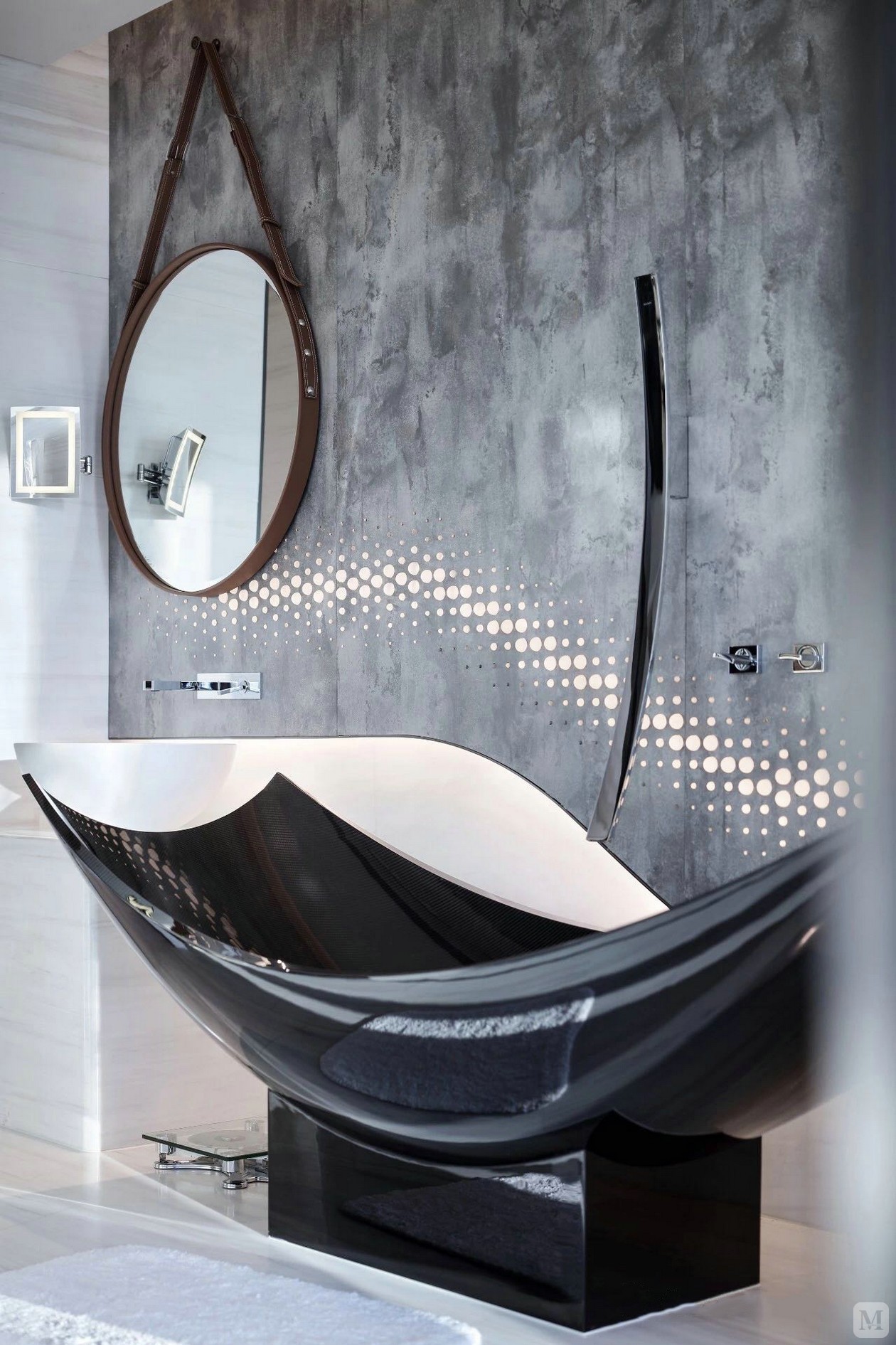 流线型线条,纯粹的空间结构和在细节上的考究,线条立面连至天花,家具