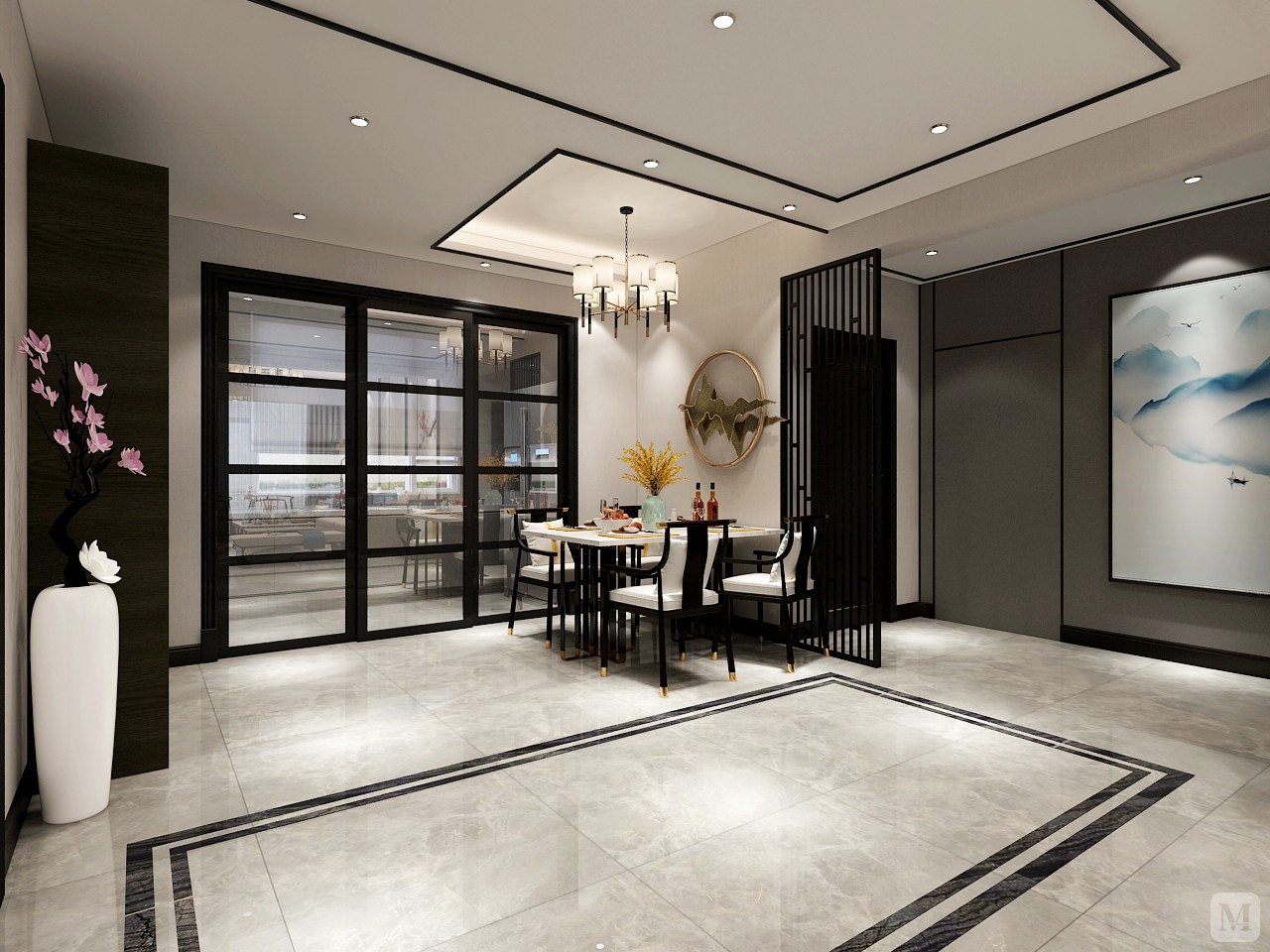 应业主要求，设计出一套现代中式风格的设计案例。以黑白灰现代装饰元素为基础，加入深色木线为搭配，最后结合新中式风格的家居软装搭配，形成一套较具中式风格的现代中式装修风格案例。